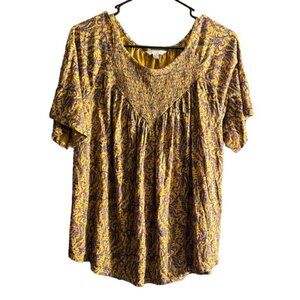 Lucky Brand Orange Paisley Round Neck Smocked S/S Blouse Large EUC #1042-OAK